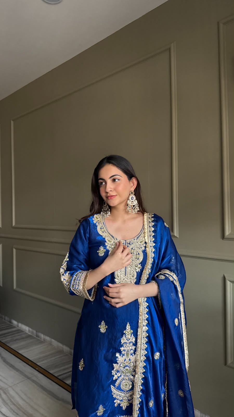 Designer Fendi Satin Embellishment Embroidered Suit Set with Palazzo & Dupatta