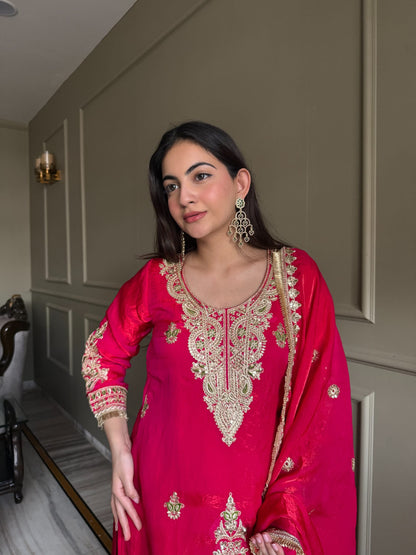 Designer Fendi Satin Embellishment Embroidered Suit Set with Palazzo & Dupatta