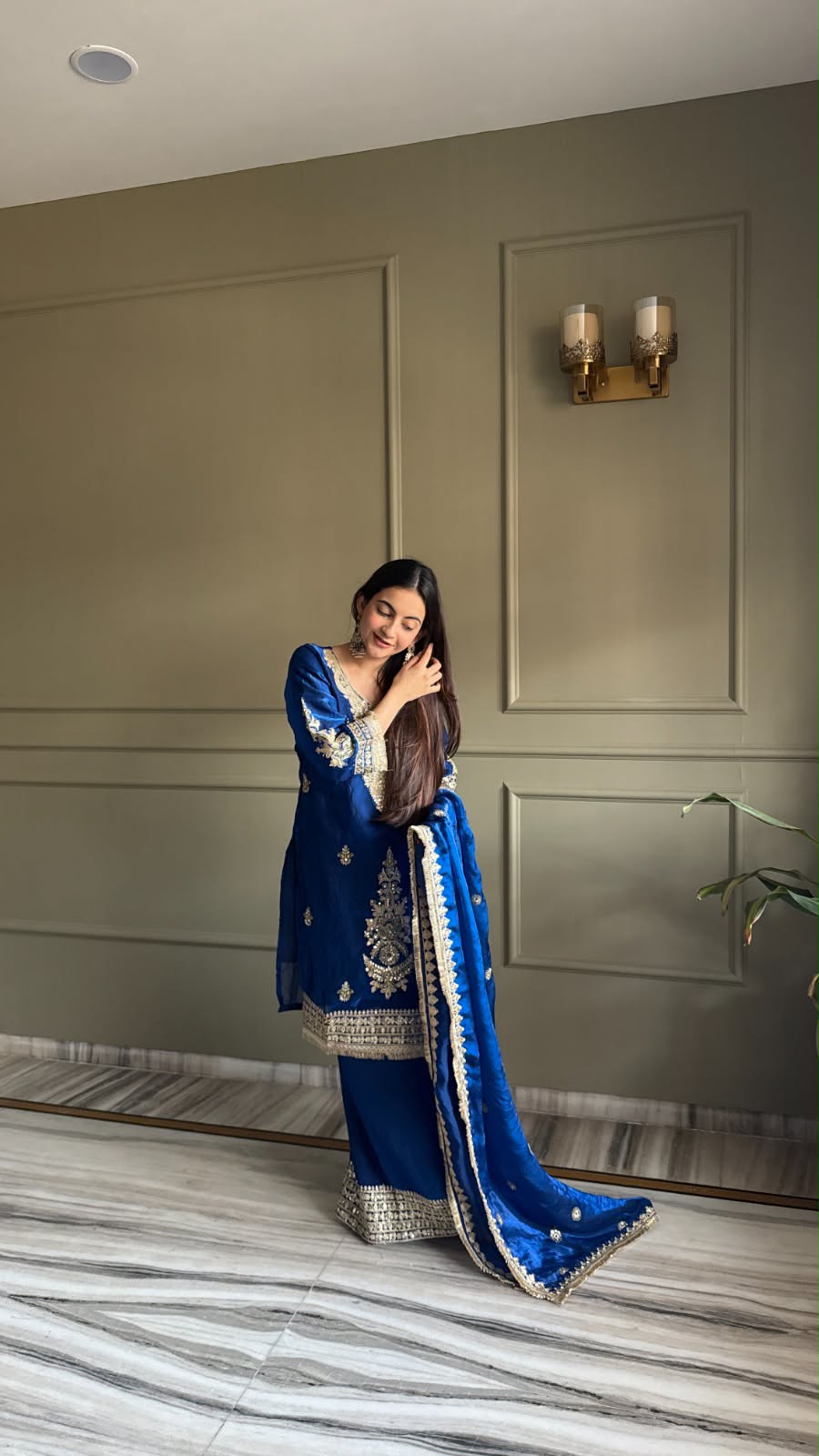 Designer Fendi Satin Embellishment Embroidered Suit Set with Palazzo & Dupatta