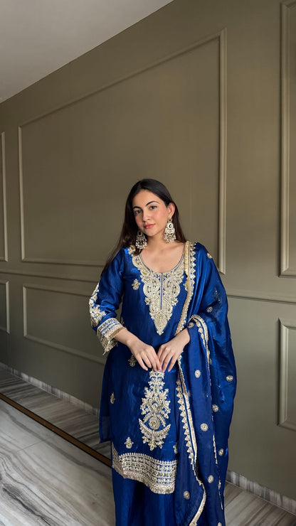 Designer Fendi Satin Embellishment Embroidered Suit Set with Palazzo & Dupatta