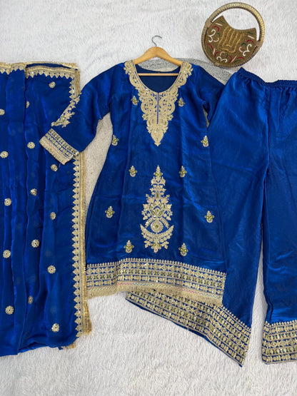 Designer Fendi Satin Embellishment Embroidered Suit Set with Palazzo & Dupatta