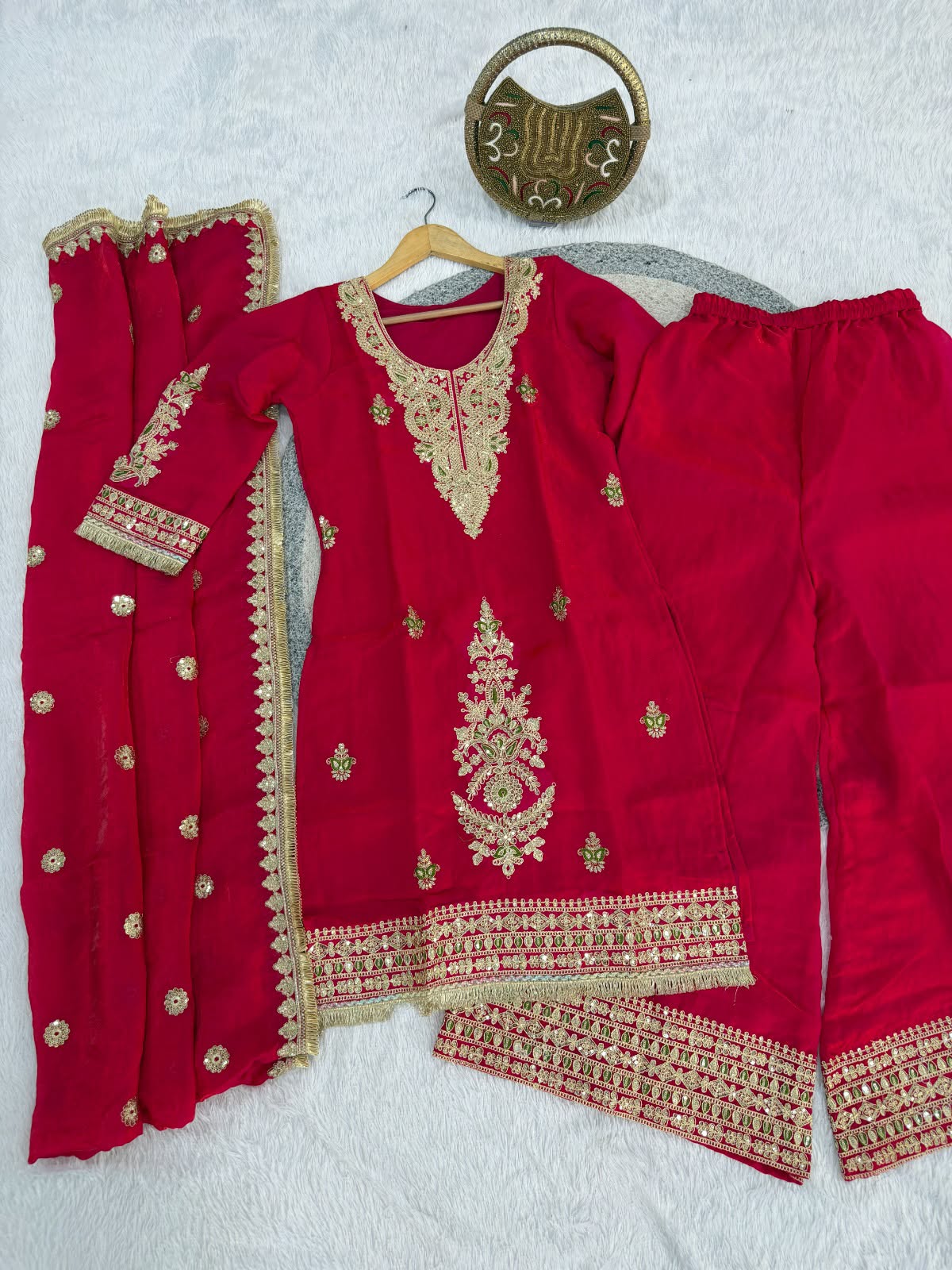 Designer Fendi Satin Embellishment Embroidered Suit Set with Palazzo & Dupatta