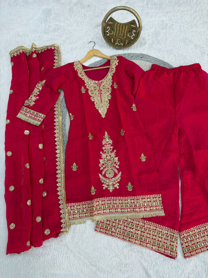 Designer Fendi Satin Embellishment Embroidered Suit Set with Palazzo & Dupatta