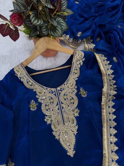 Designer Fendi Satin Embellishment Embroidered Suit Set with Palazzo & Dupatta