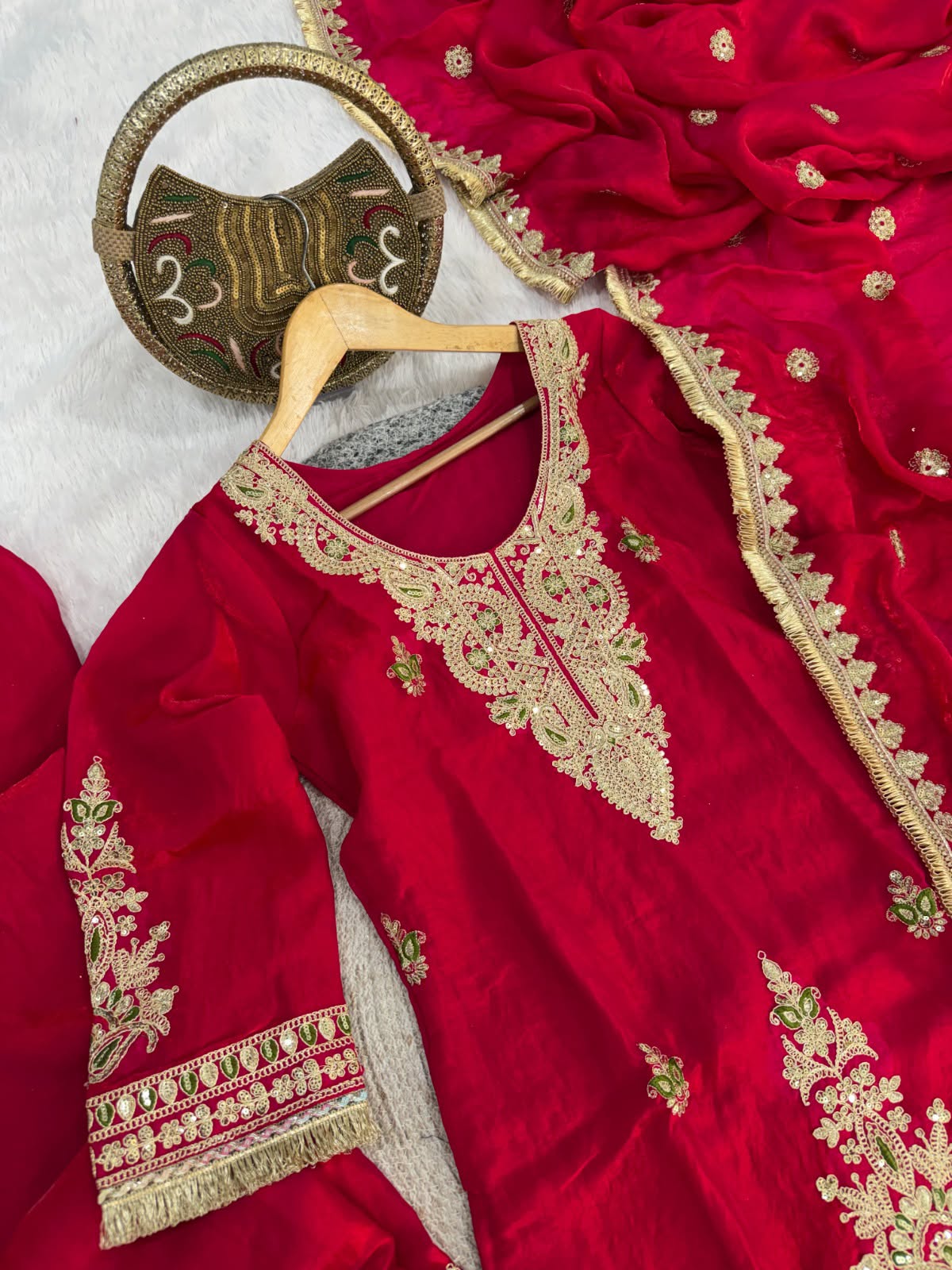 Designer Fendi Satin Embellishment Embroidered Suit Set with Palazzo & Dupatta