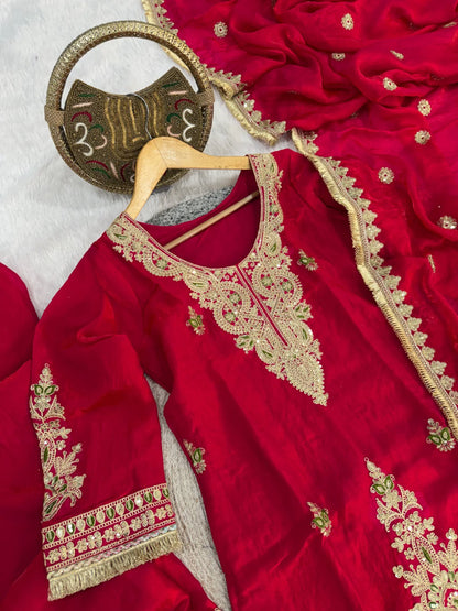 Designer Fendi Satin Embellishment Embroidered Suit Set with Palazzo & Dupatta