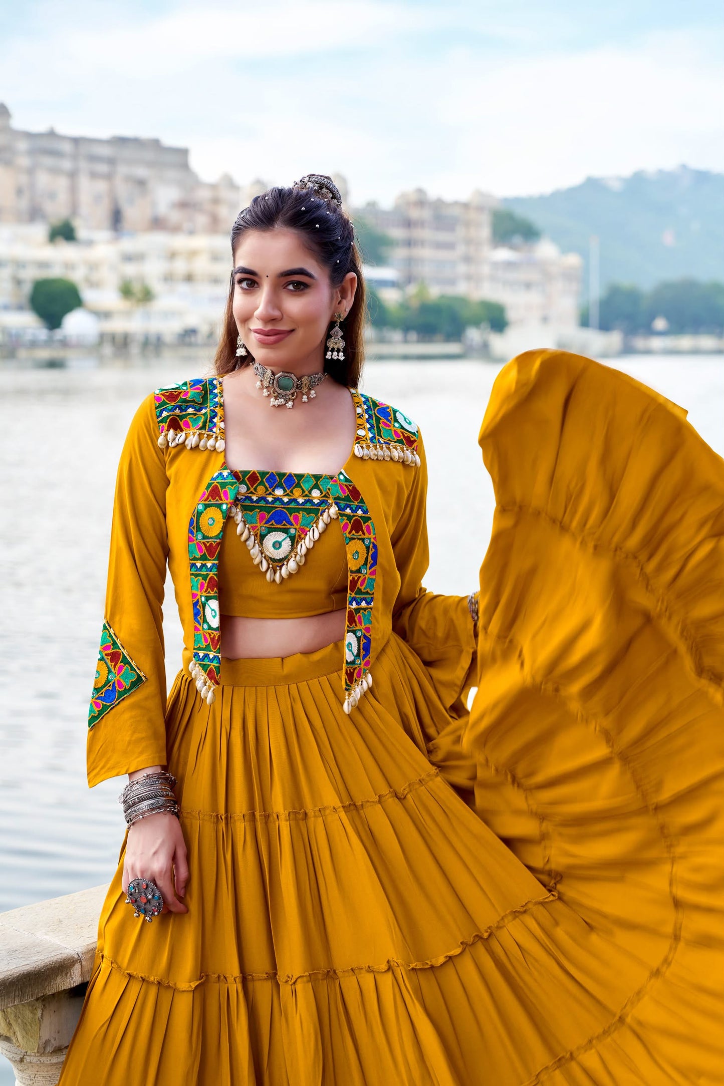 Pure Rayon Gamthi Work Lehenga Set with Mirror Work Jacket & Blouse