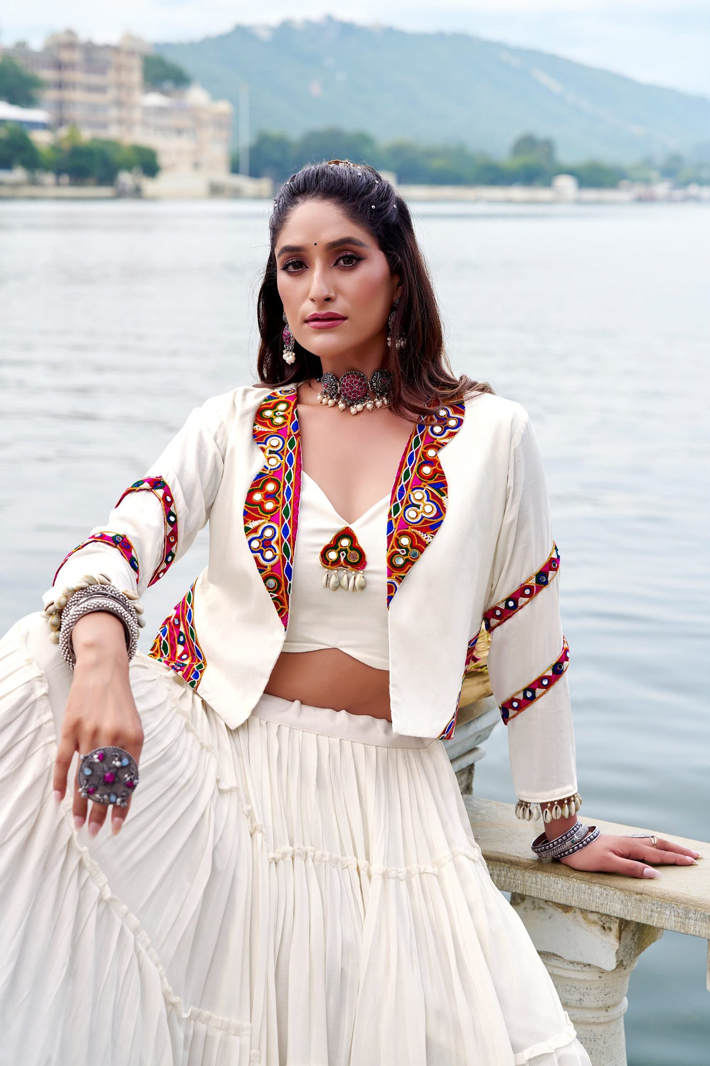 Pure Rayon Gamthi Work Lehenga Set with Mirror Work Jacket & Blouse