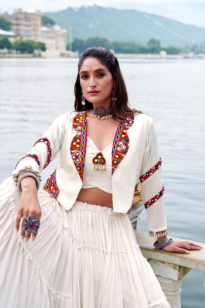 Pure Rayon Gamthi Work Lehenga Set with Mirror Work Jacket & Blouse