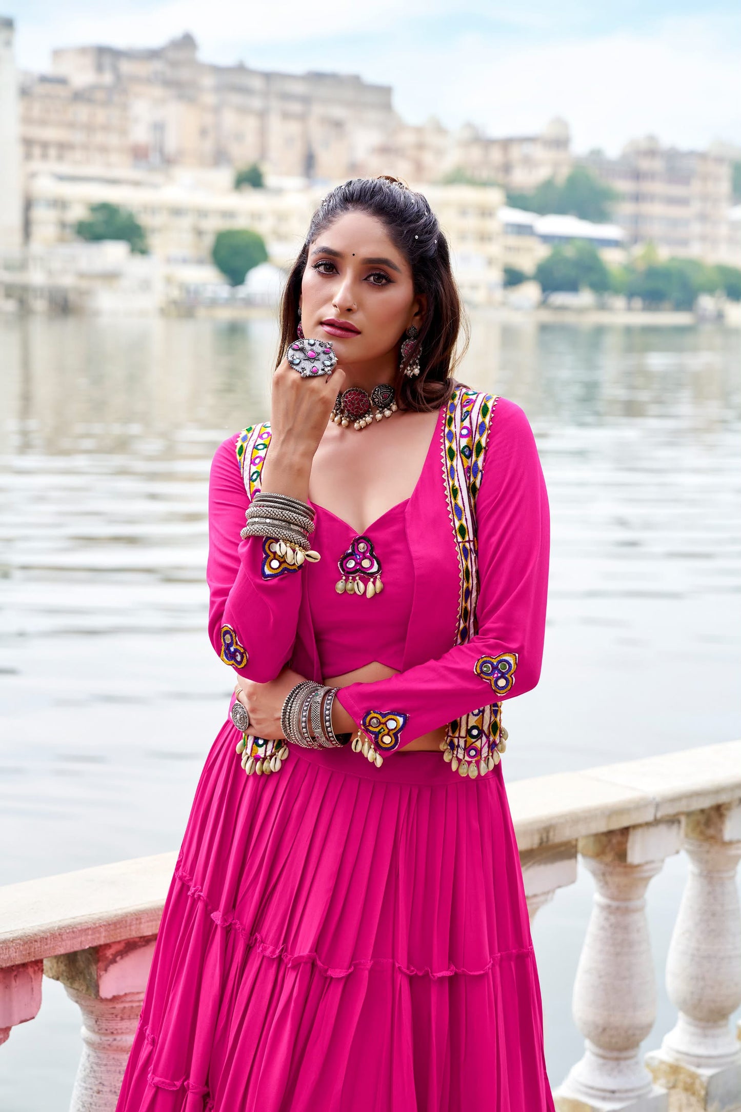 Pure Rayon Gamthi Work Lehenga Set with Mirror Work Jacket & Blouse