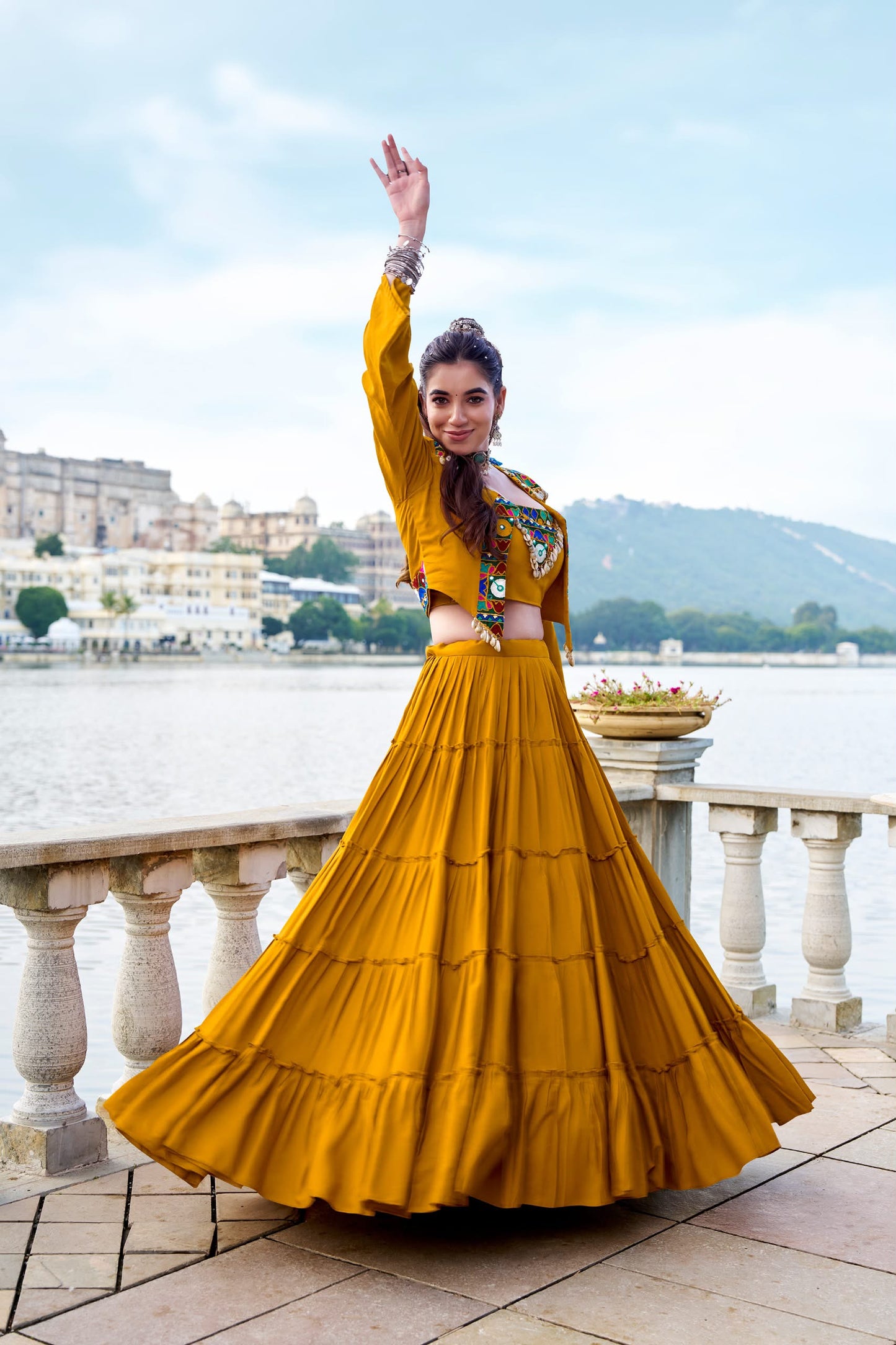Pure Rayon Gamthi Work Lehenga Set with Mirror Work Jacket & Blouse