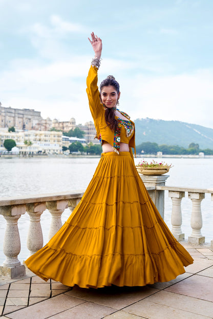 Pure Rayon Gamthi Work Lehenga Set with Mirror Work Jacket & Blouse