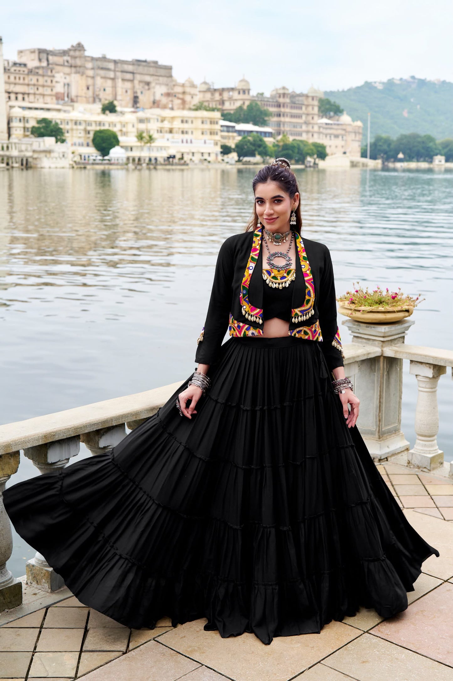 Pure Rayon Gamthi Work Lehenga Set with Mirror Work Jacket & Blouse