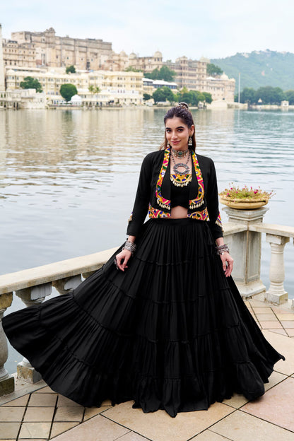 Pure Rayon Gamthi Work Lehenga Set with Mirror Work Jacket & Blouse