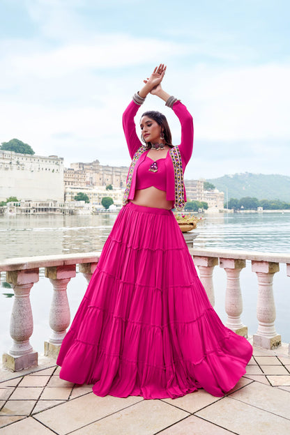 Pure Rayon Gamthi Work Lehenga Set with Mirror Work Jacket & Blouse