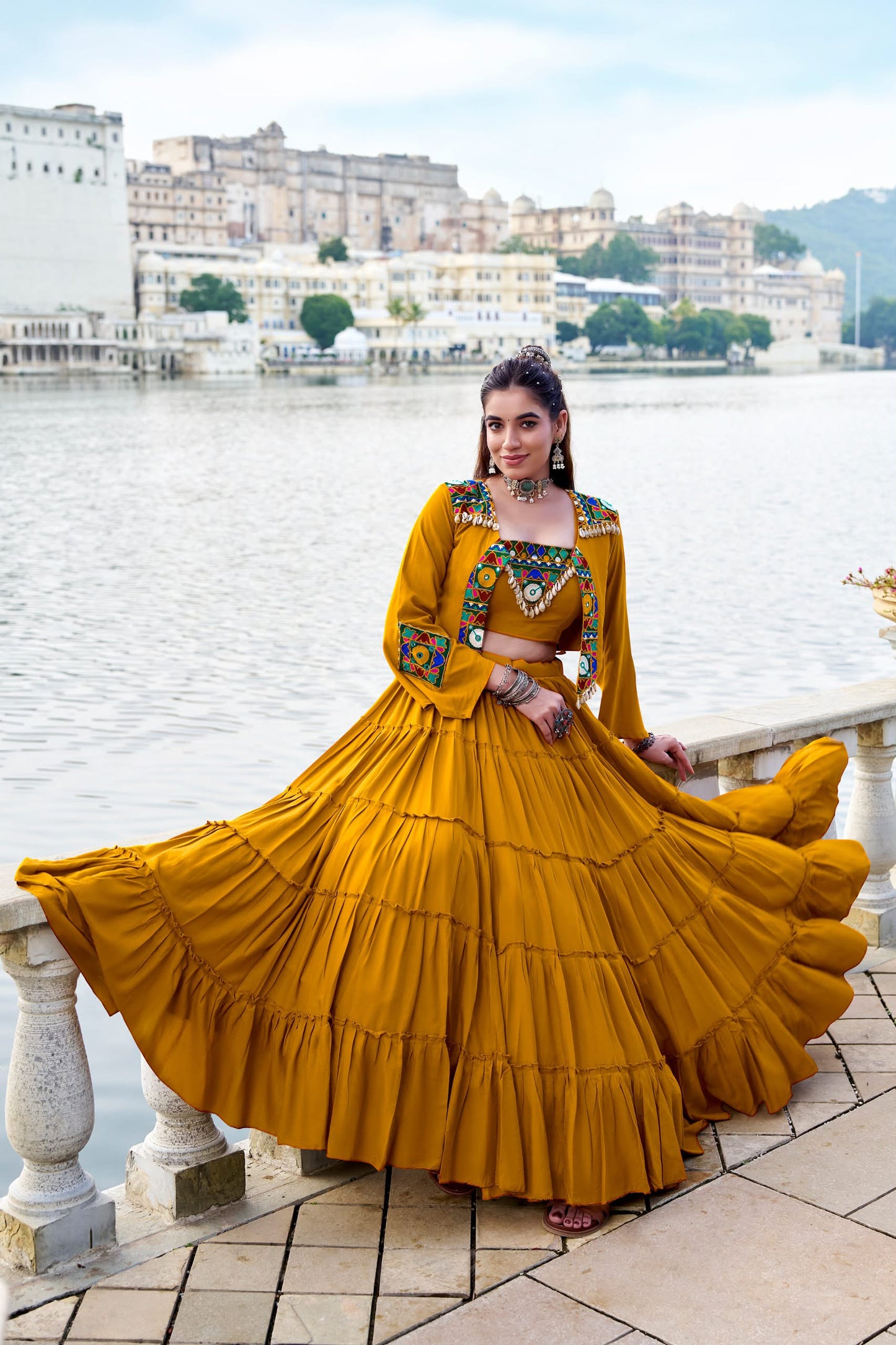 Pure Rayon Gamthi Work Lehenga Set with Mirror Work Jacket & Blouse
