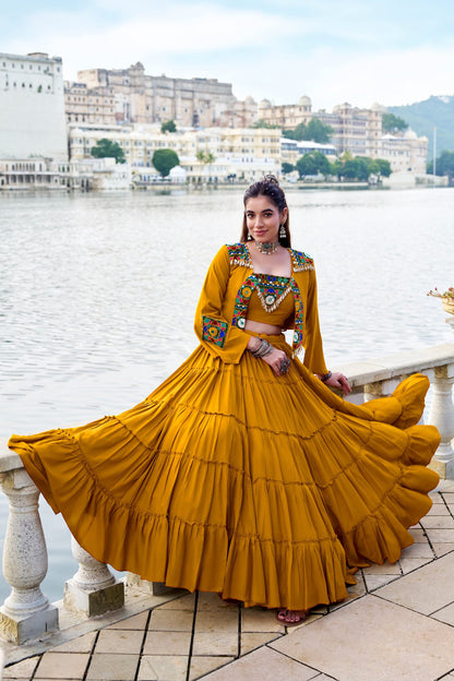 Pure Rayon Gamthi Work Lehenga Set with Mirror Work Jacket & Blouse