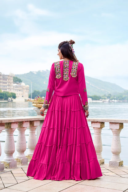 Pure Rayon Gamthi Work Lehenga Set with Mirror Work Jacket & Blouse