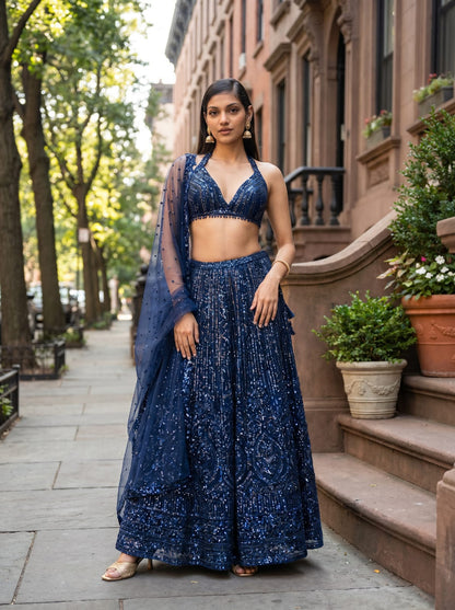Net Lehenga Set with Sequins & Dori Work