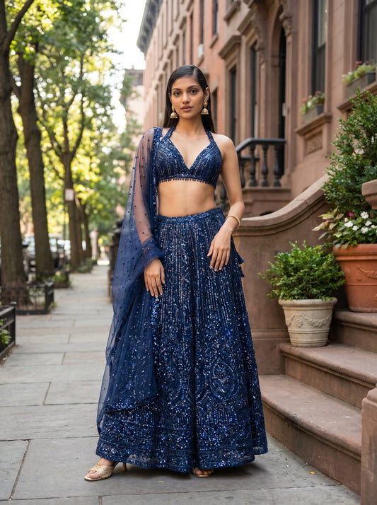 Net Lehenga Set with Sequins & Dori Work