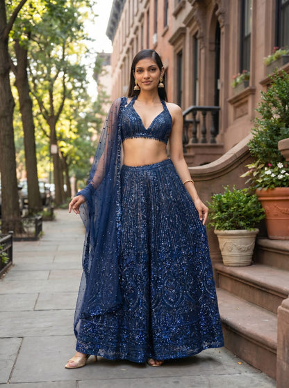 Net Lehenga Set with Sequins & Dori Work