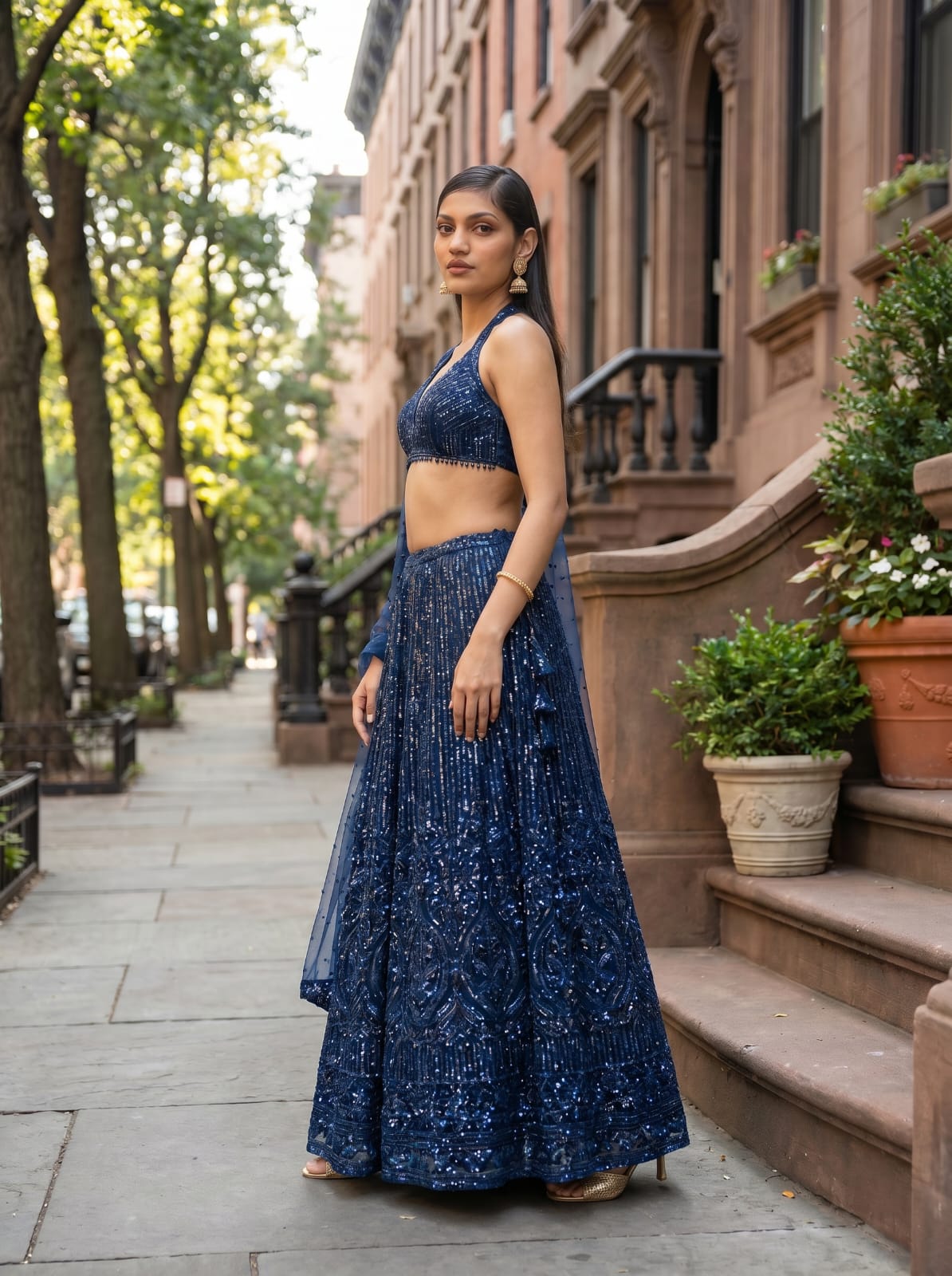 Net Lehenga Set with Sequins & Dori Work