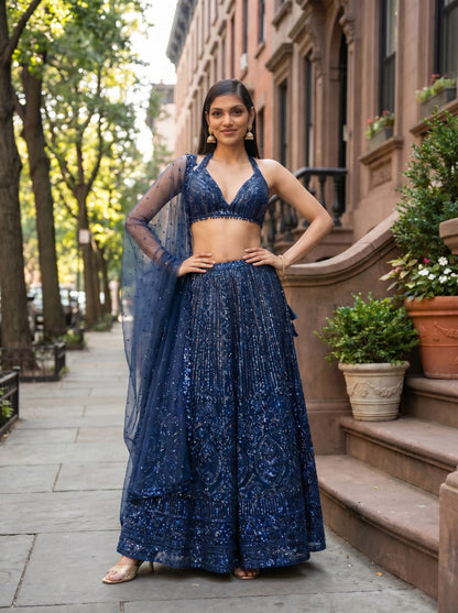 Net Lehenga Set with Sequins & Dori Work
