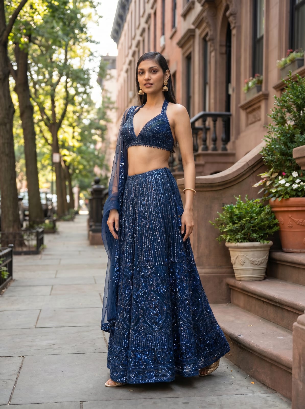 Net Lehenga Set with Sequins & Dori Work