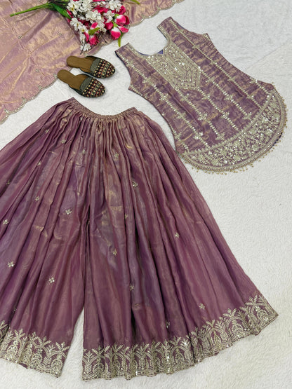 Designer Fendy Silk Embroidered Top Sharara Set with Dupatta