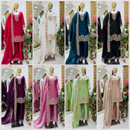 Designer Jimi Silk Embroidered Top Palazzo Set with Dupatta
