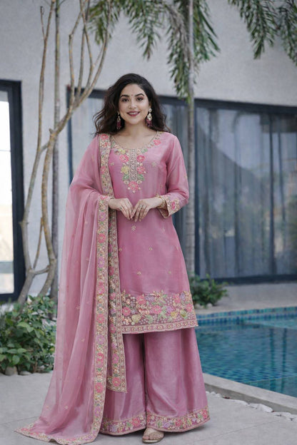 Designer Jimi Silk Embroidered Top Palazzo Set with Dupatta