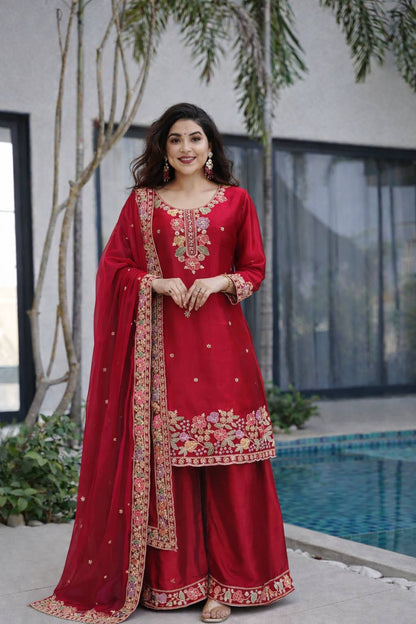 Designer Jimi Silk Embroidered Top Palazzo Set with Dupatta