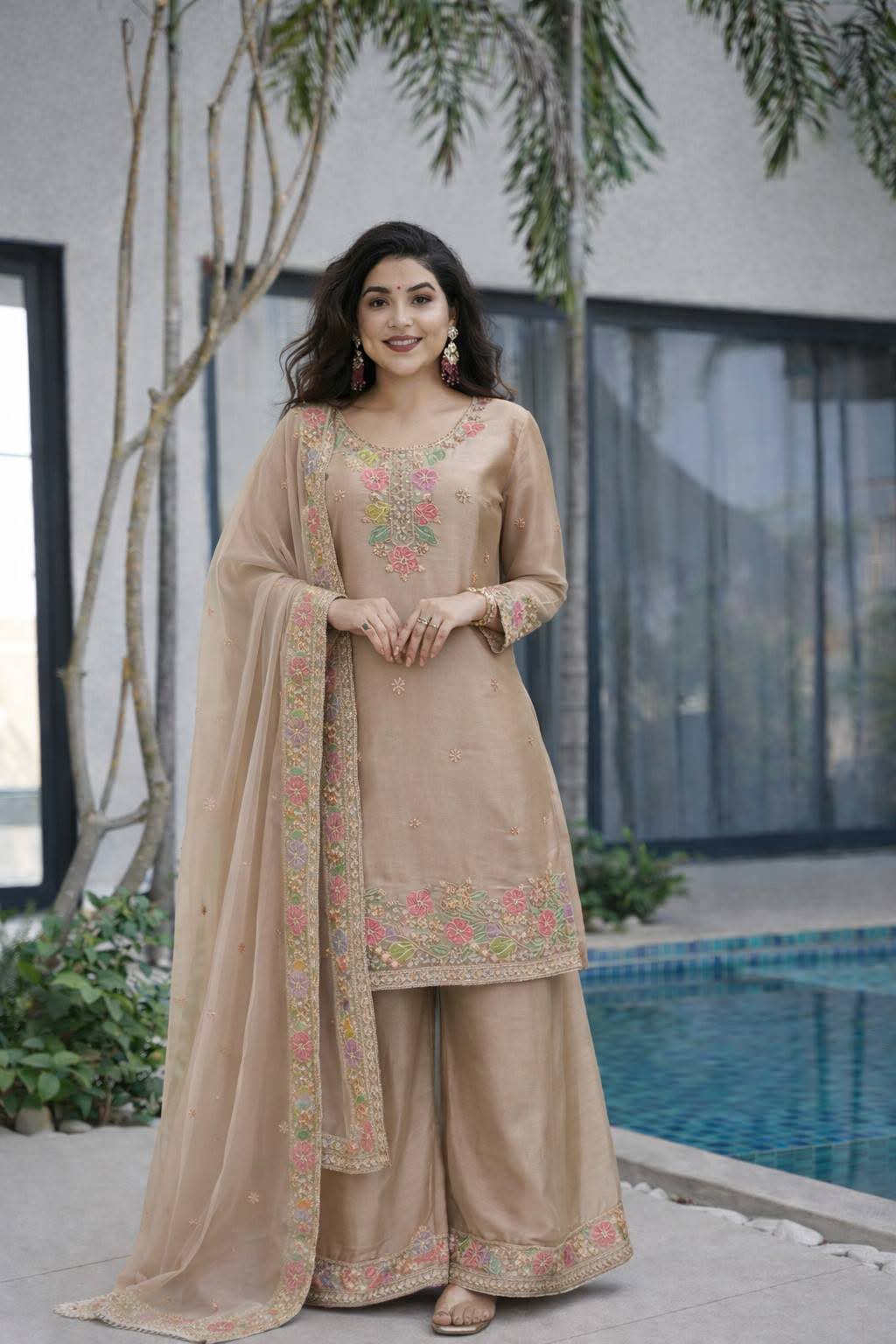 Designer Jimi Silk Embroidered Top Palazzo Set with Dupatta