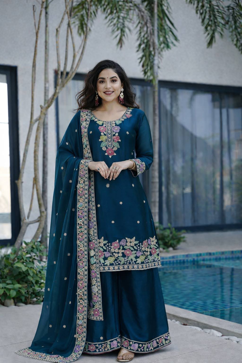 Designer Jimi Silk Embroidered Top Palazzo Set with Dupatta