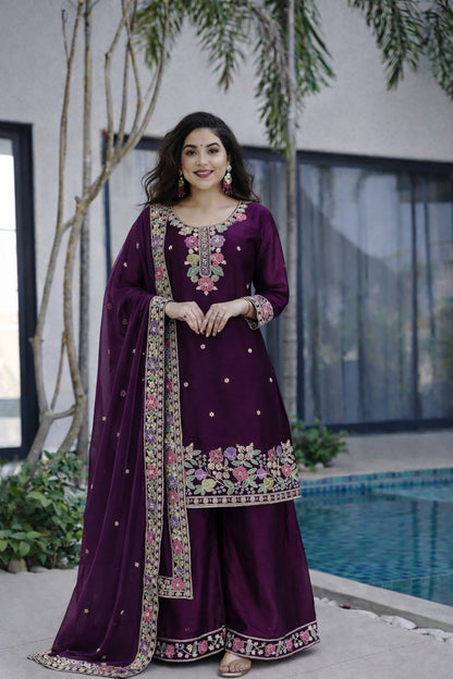 Designer Jimi Silk Embroidered Top Palazzo Set with Dupatta