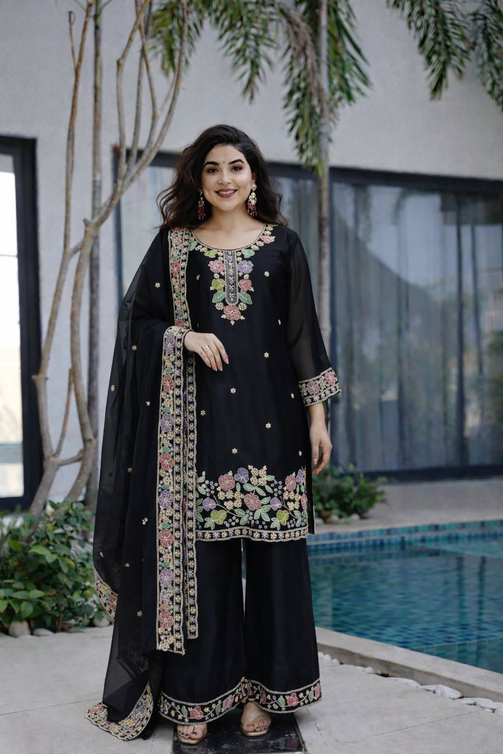 Designer Jimi Silk Embroidered Top Palazzo Set with Dupatta