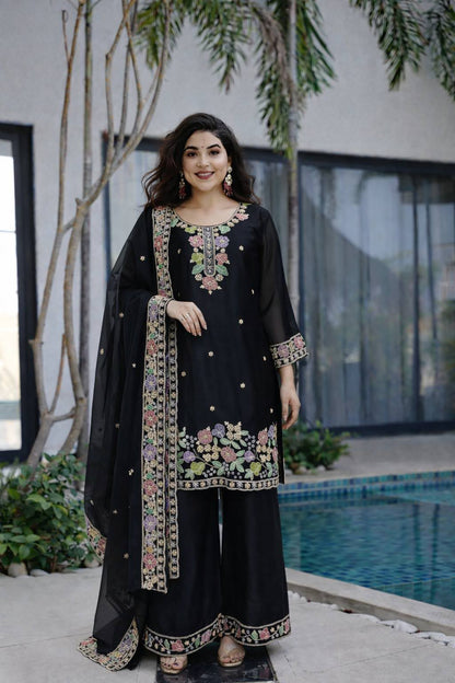 Designer Jimi Silk Embroidered Top Palazzo Set with Dupatta