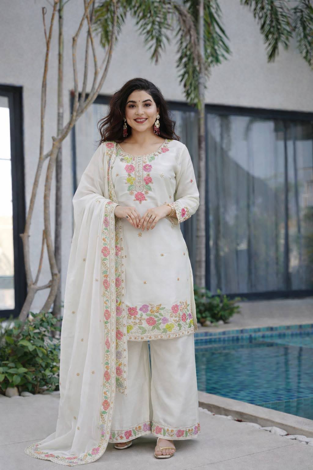 Designer Jimi Silk Embroidered Top Palazzo Set with Dupatta