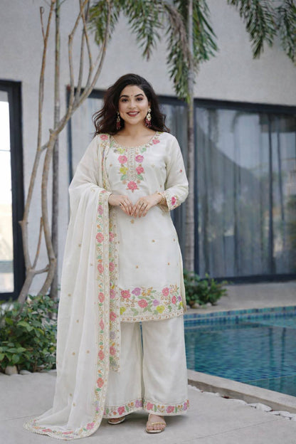 Designer Jimi Silk Embroidered Top Palazzo Set with Dupatta