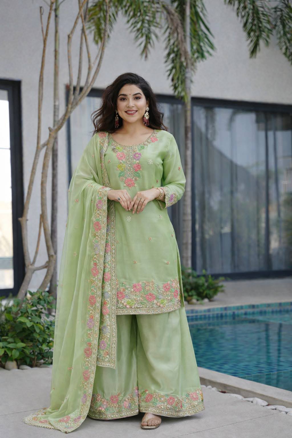 Designer Jimi Silk Embroidered Top Palazzo Set with Dupatta