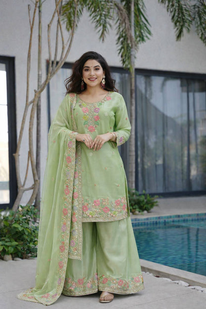 Designer Jimi Silk Embroidered Top Palazzo Set with Dupatta