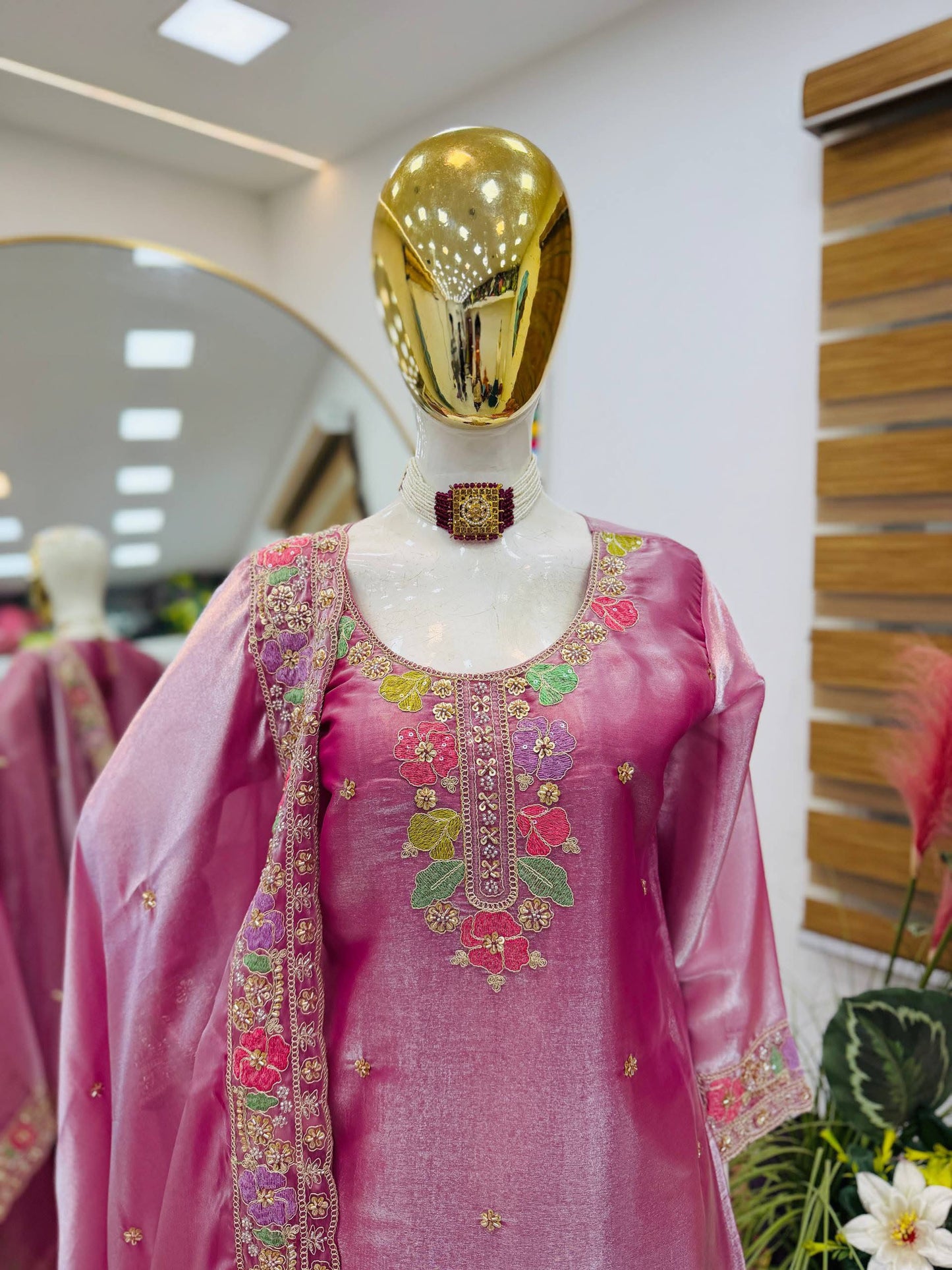 Designer Jimi Silk Embroidered Top Palazzo Set with Dupatta