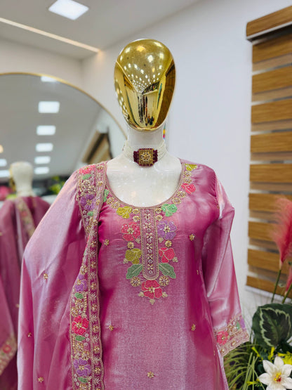 Designer Jimi Silk Embroidered Top Palazzo Set with Dupatta