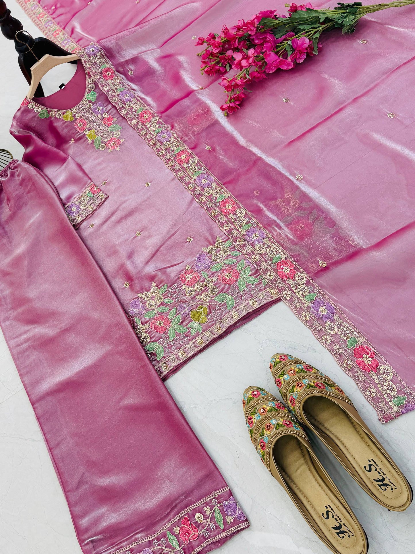 Designer Jimi Silk Embroidered Top Palazzo Set with Dupatta