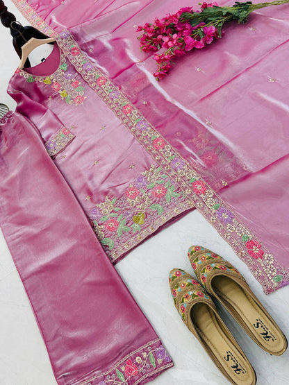 Designer Jimi Silk Embroidered Top Palazzo Set with Dupatta