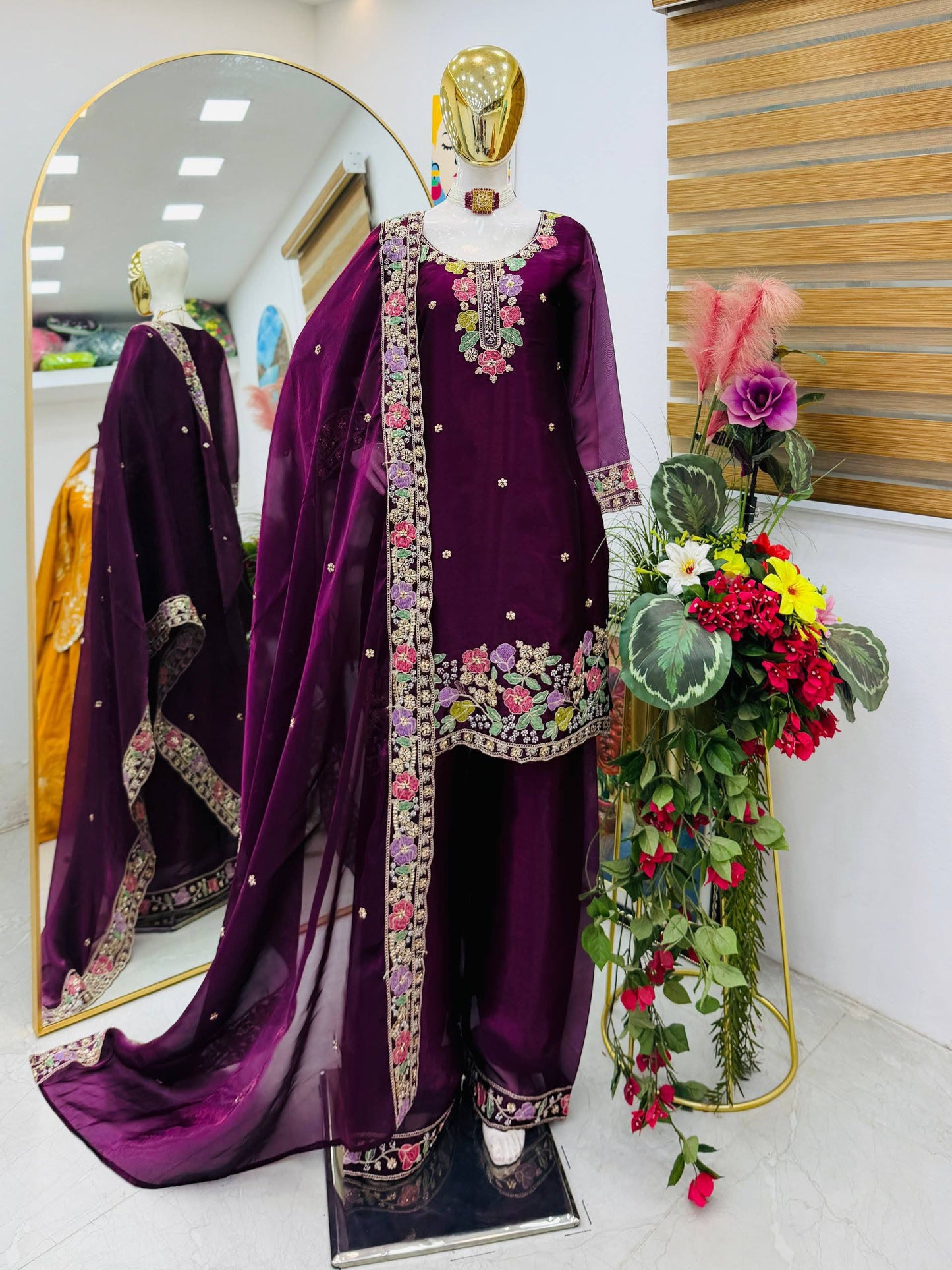 Designer Jimi Silk Embroidered Top Palazzo Set with Dupatta