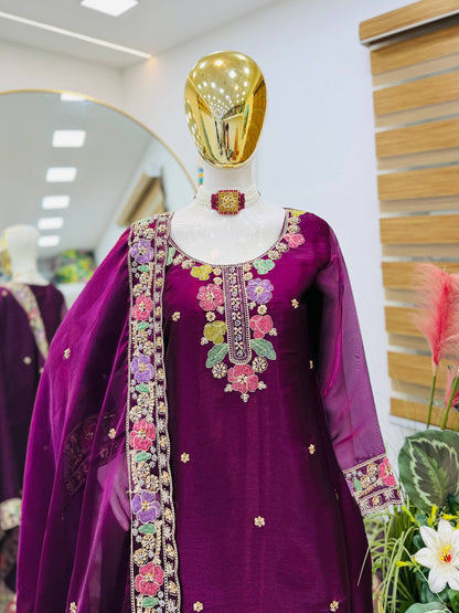 Designer Jimi Silk Embroidered Top Palazzo Set with Dupatta