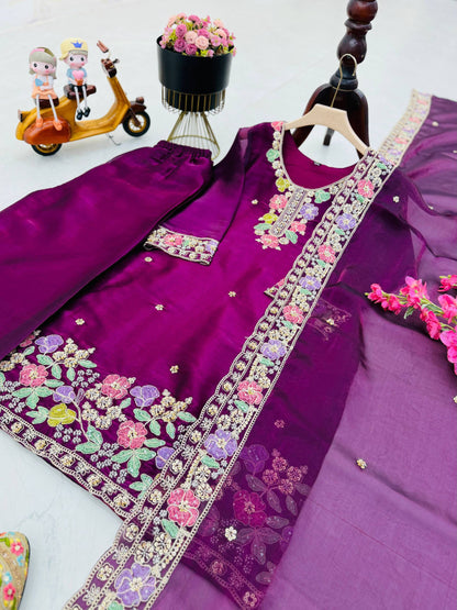 Designer Jimi Silk Embroidered Top Palazzo Set with Dupatta