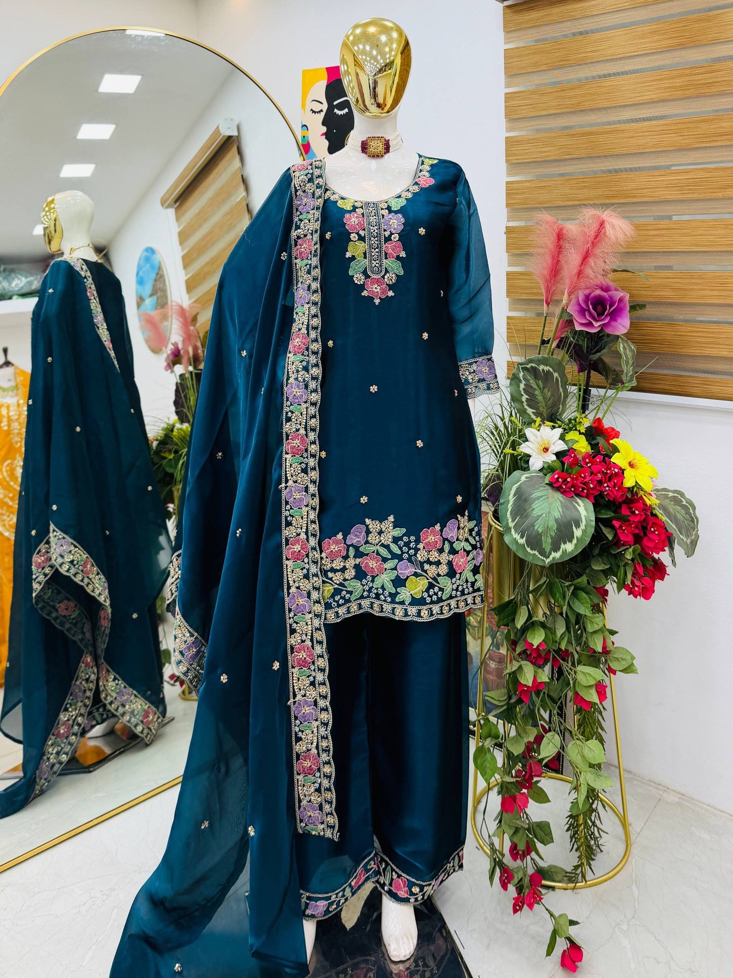 Designer Jimi Silk Embroidered Top Palazzo Set with Dupatta