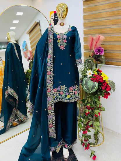 Designer Jimi Silk Embroidered Top Palazzo Set with Dupatta